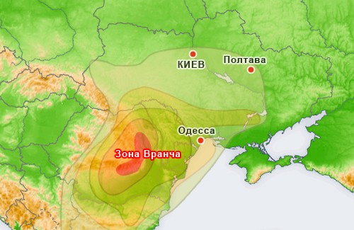 Возможные зоны распространения землетрясения в зоне Вранча по Украине