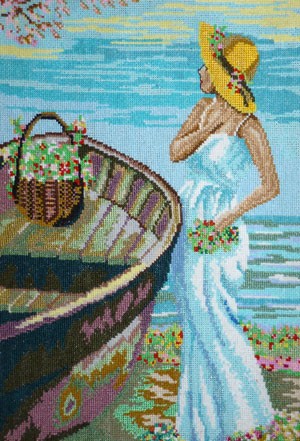 Вышитая картина «Девушка у лодки»