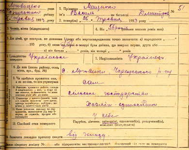 Актовий запис про смерть Міщенка Василя Дмитровича, мешканця Луговиківської сільської ради. 25 травня 1933 року.