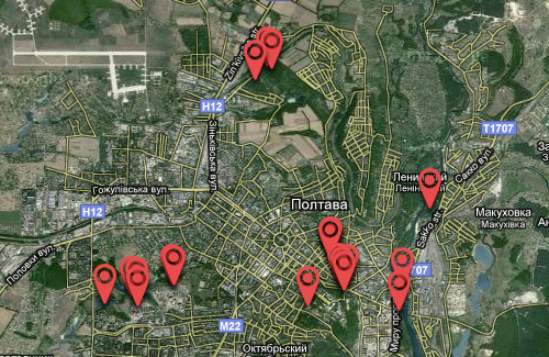 Места проведения субботников, отмеченные на карте Google Maps