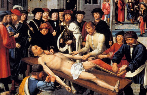 Картина Герарда Давида «Здирання шкіри з продажного судді» 1498 рік