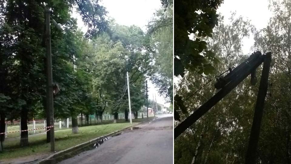 На улице Шведской из-за непогоды сломался столб. Провода, ведущие от него повисли на деревьях.