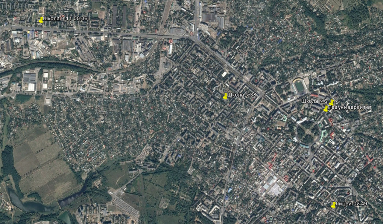 Места, где были разбиты доски, на спутниковой карте Полтавы