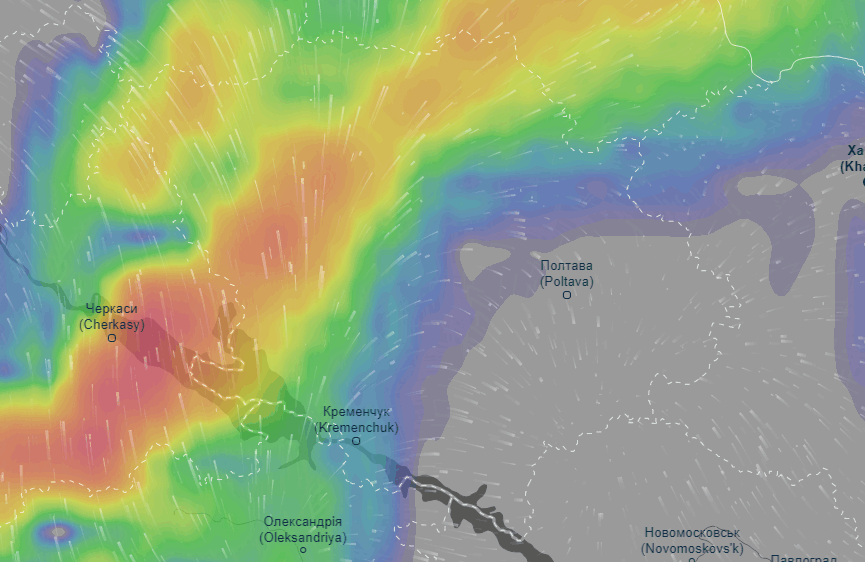 Карта опадів (прогноз сервісу Ventusky станом на 6 годину ранку 13 липня)