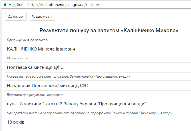Інформація з Єдиного державного реєстру осіб, щодо яких застосовано положення Закону України «Про очищення влади»