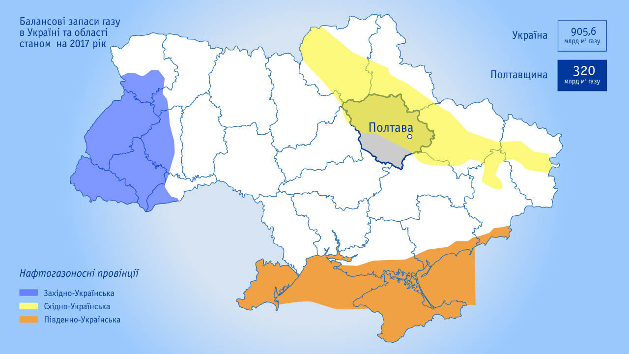 Балансові запаси газу в Україні та області станом на 2017 рік