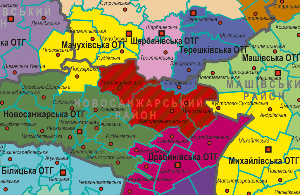 Малаперещепинська, Старосанжарська та Пологівська сільрада на карті громад Полтавської області