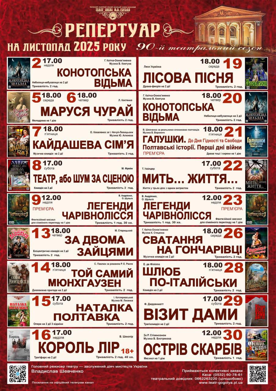 Репертуарний план театру ім. М.В. Гоголя на 2-30 листопада 2025 року.