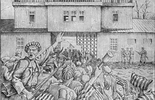 Повстанцы наступают на главные ворота лагеря. Рисунок одного из узников Бухенвальда