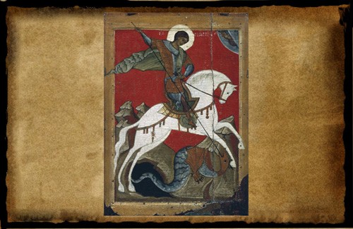 Чудо Георгия о змие. Изображён Георгий Победоносец, поражающий змея копьём