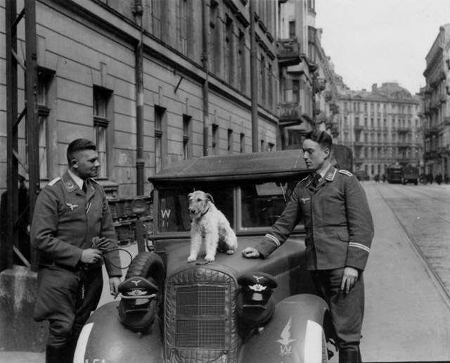 Военнослужащие люфтваффе у автомобиля с собакой в Варшаве