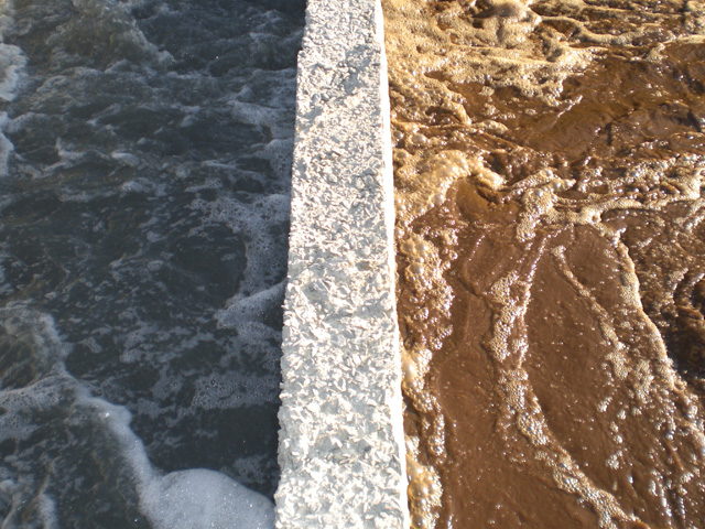 Вода до очистки активным илом (слева) и после (справа).