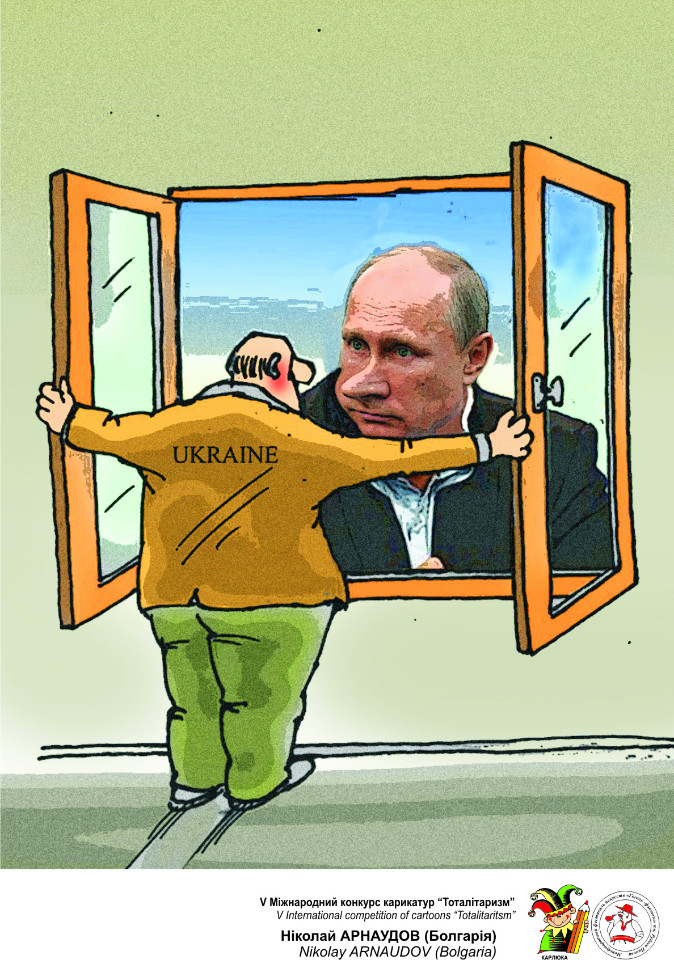 Трохи «буратінозований» Путін, який цікавиться українським вікном.