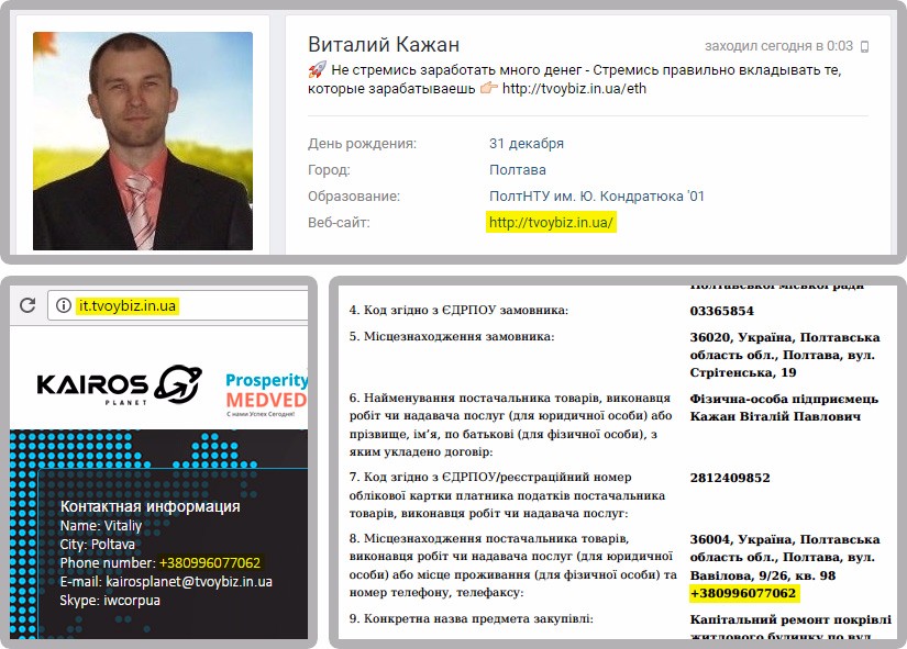 Інформація зі сторінки Віталія Кажана ВКонтакте, з сайту tvoybiz.in.ua та ProZorro