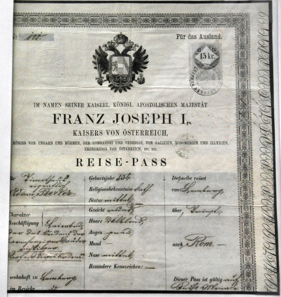 Паспорт виданий в Австрійській імперії в місті Лемберг (Львів) Фіскальний збір складав 15 крайцерів, 1865 рік.