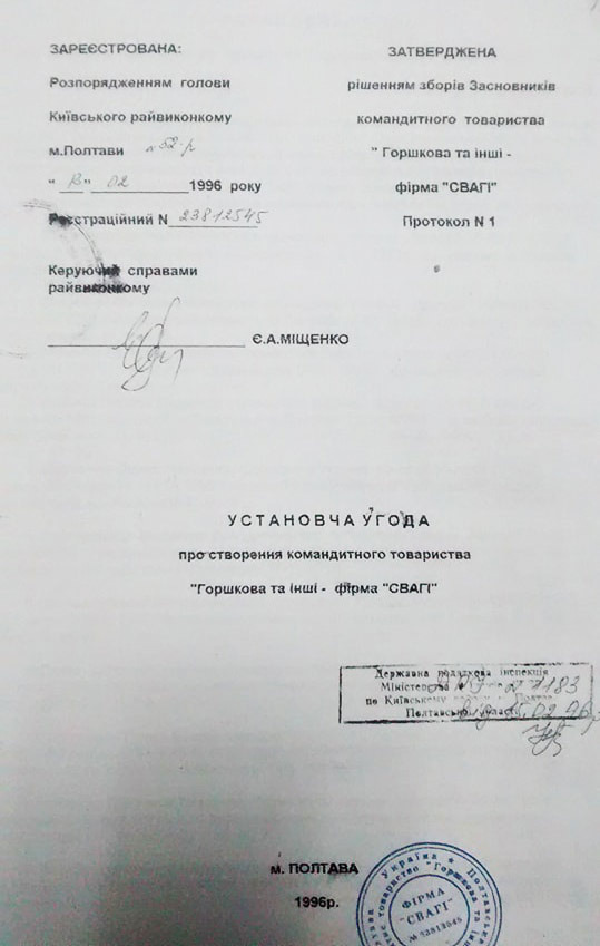 Установча угода про створення командитного товариства «Горшкова та інші — фірма «Свагі»