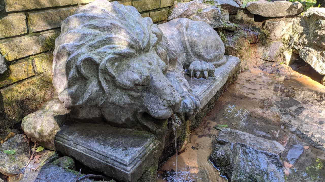 Родзинка парку — скульптура лева, що виконує роль фонтана