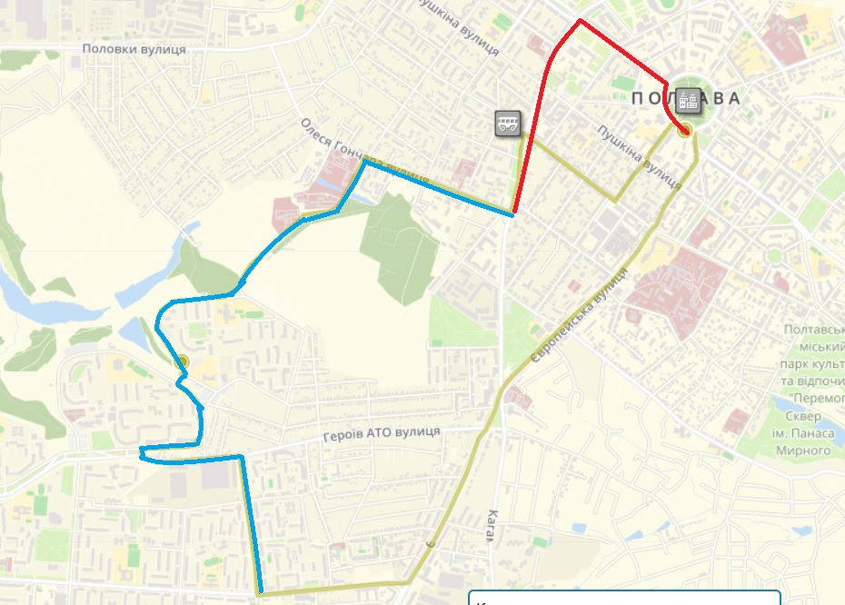 тролейбусний варіант маршруту №26, синім - рух на автономному ходу, червоним - змінена траса