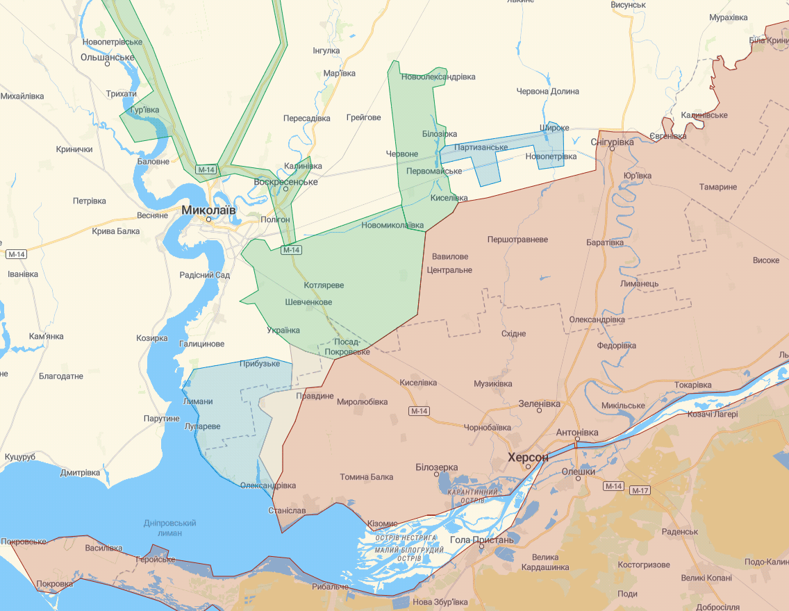 Мапа бойових дій на межі Миколаївської та Херсонської областей