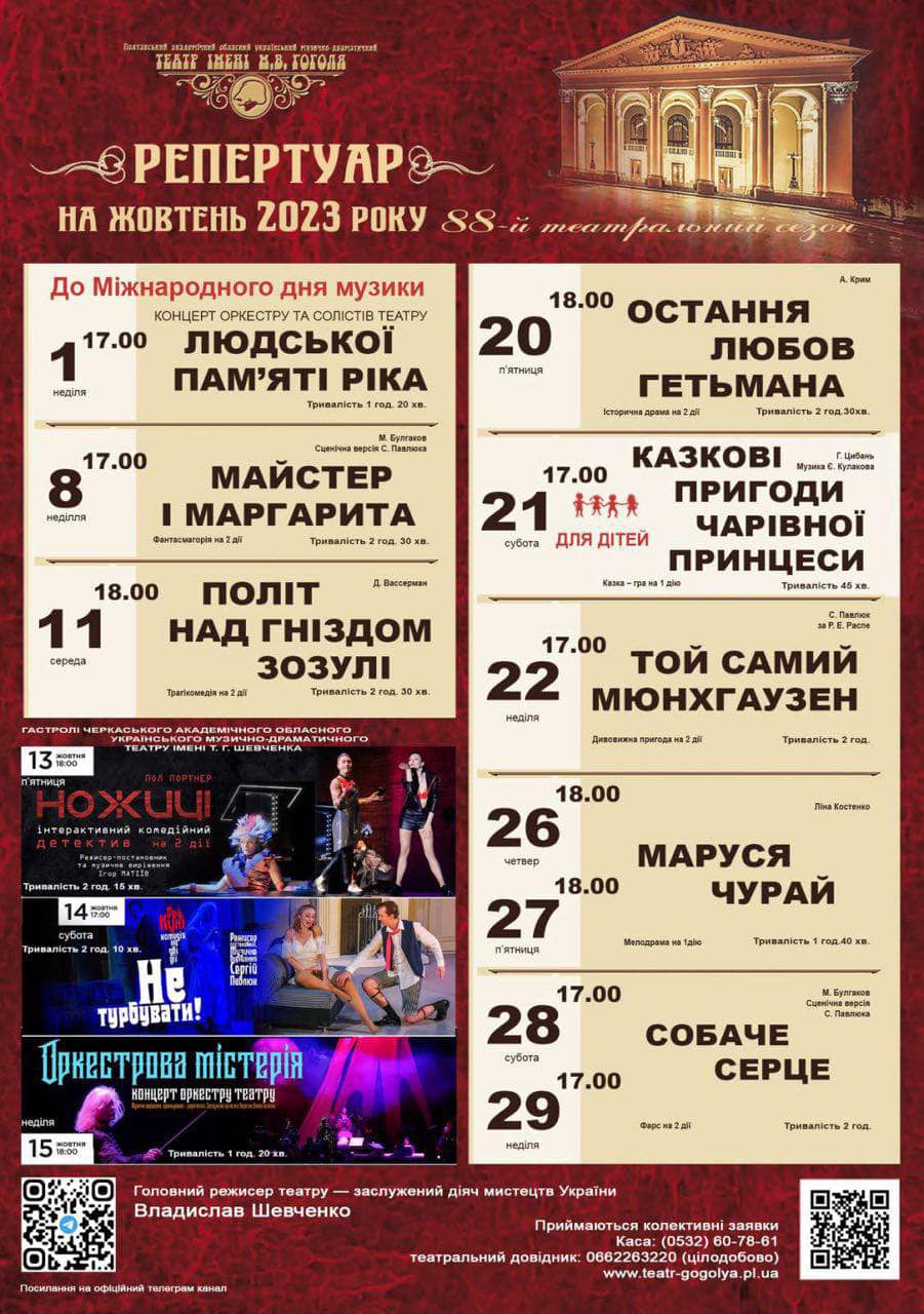 Репертуарний план театру ім. М.В. Гоголя на 1-29 жовтня 2023 року.			