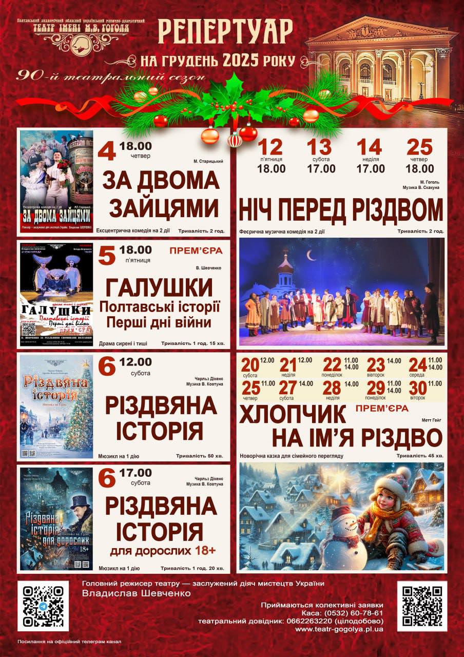  Репертуарний план театру ім. М.В. Гоголя на 4-30 грудня 2025 року.			