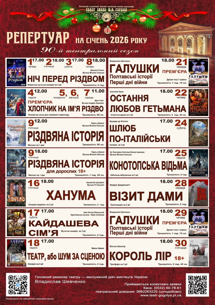 Репертуарний план театру ім. М.В. Гоголя на 1-30 січня 2026 року.			
			