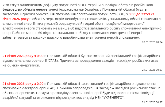 На Полтавщині діють графіки аварійних відключень та обмеження потужності для підприємств