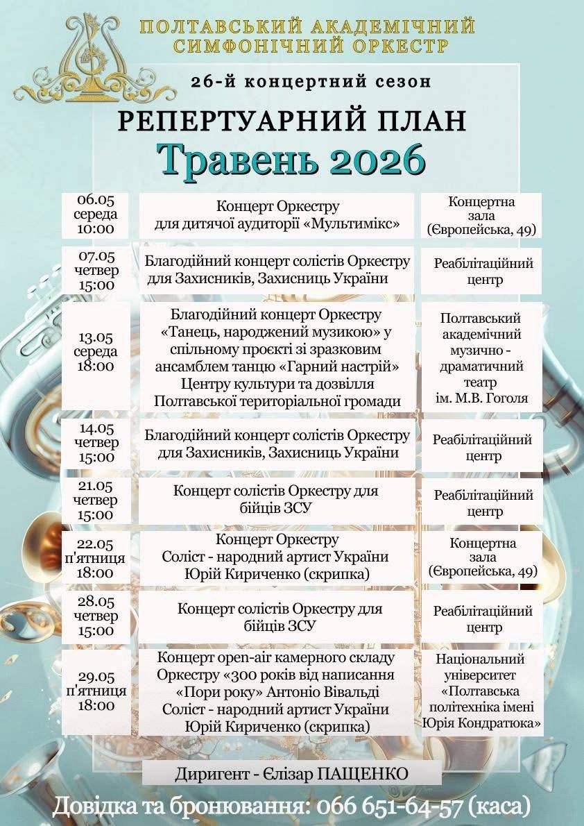Полтавські заклади культури опублікували програми виступів на травень 2026 року